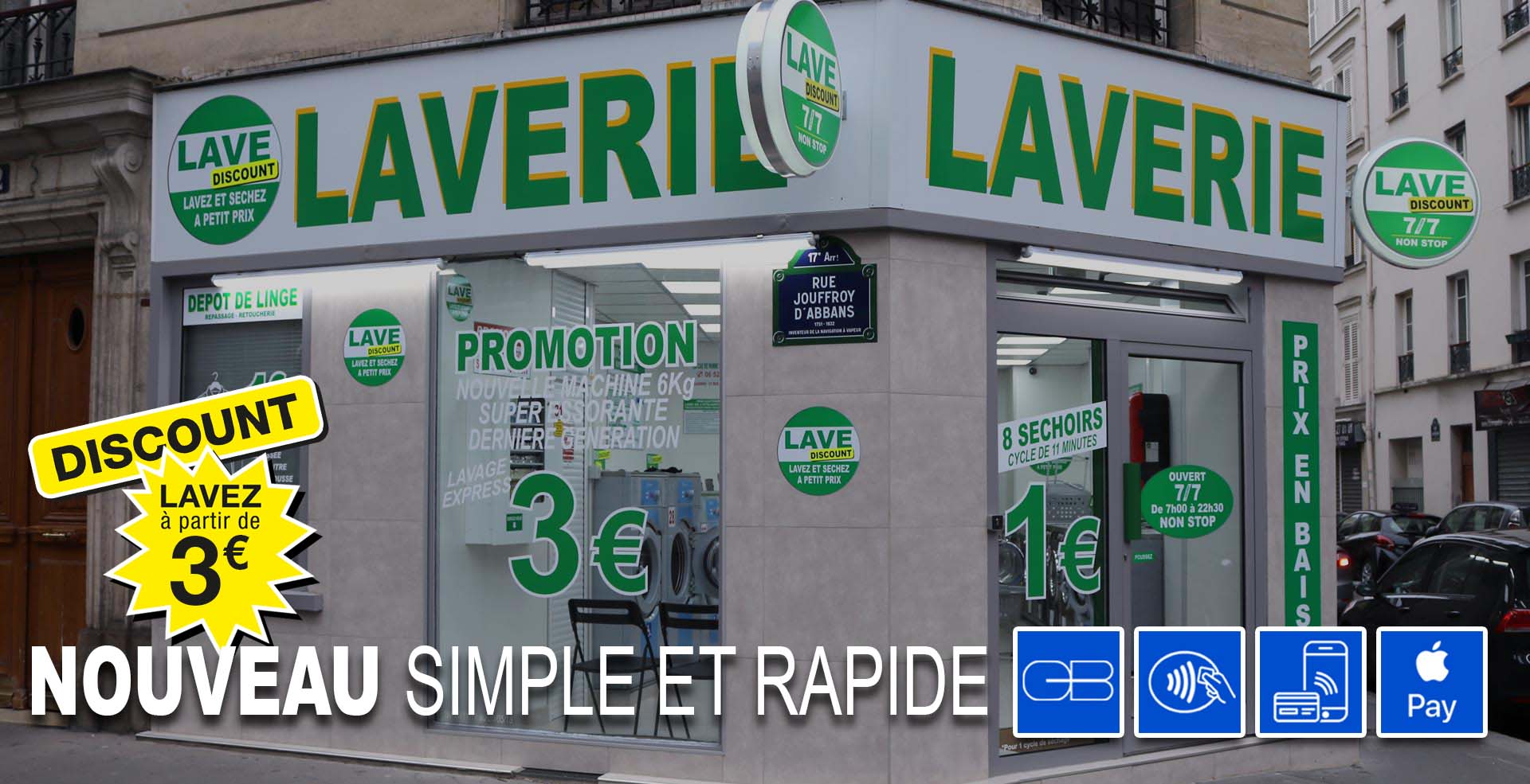Laverie Automatique rue Jouffroy d Abbans 75017 paris avec 14 Machines à laver et 8 séchoirs